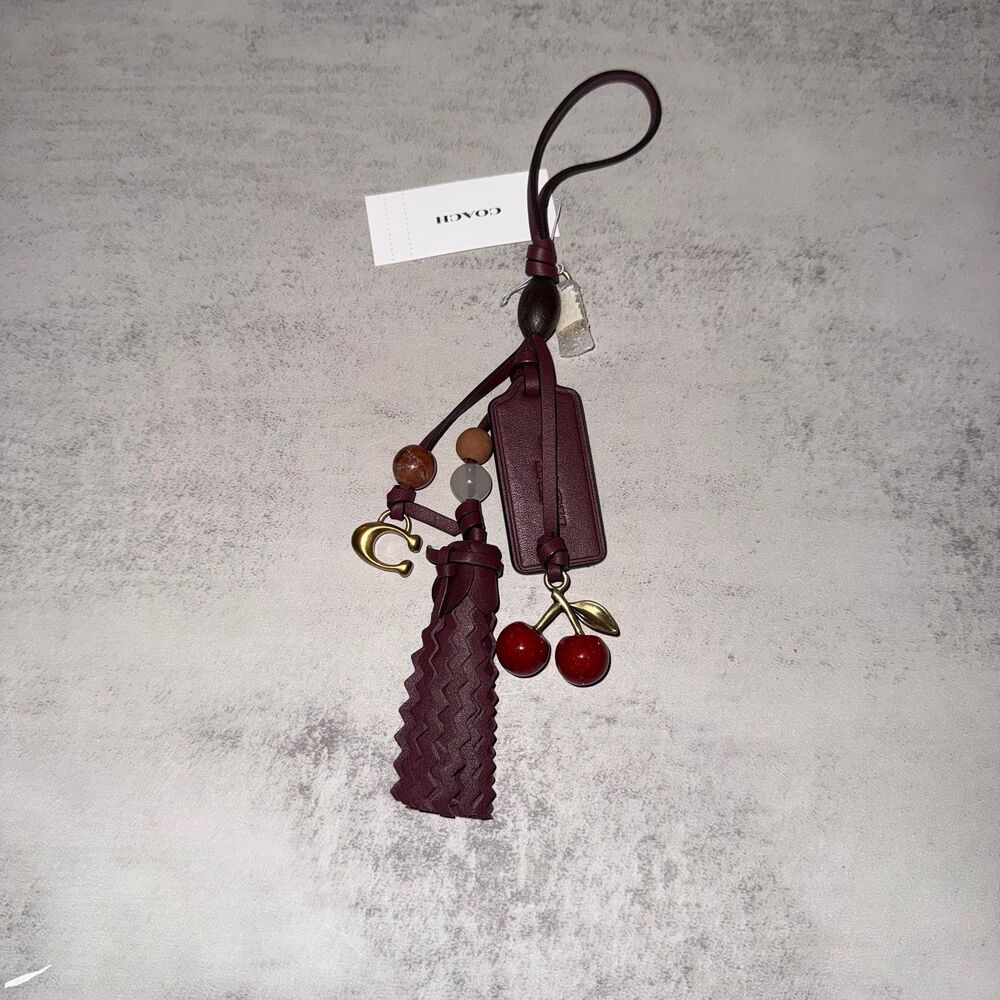 Coach Cherry Heritage Leather Bag Charm In Brass/Merlot CCD25 NWT